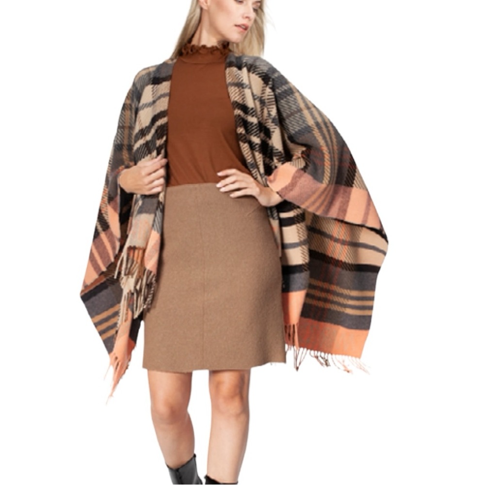 MarcCain Tartan Wool Shawl with Fringe O/S